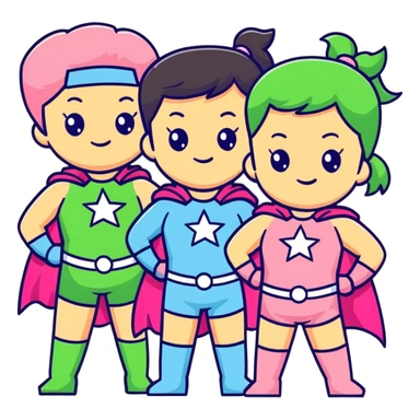 three cute superhero girls with powers - one in light blue costume, one in pink costume, and one in light green costume sticker