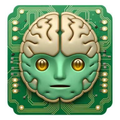 brain emoji designed in the style of a computer circuit board, with green and gold traces, electronic components, and a tech-inspired look sticker