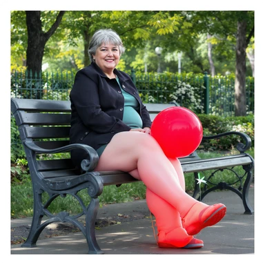 realistic portrait of a 50-year-old woman sitting on a park bench, legs swollen like overfilled balloons, red balloon tied to her ankle, balloon identical in shape and size to her legs, vertical photo, natural park background sticker
