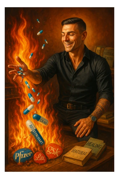 "Enlightened man throwing antidepressant pills into fireplace, flames consuming what he sees as chemical poison, expression of liberation from psychiatric medication, Big Pharma logos melting in the fire, natural healing books spread on table behind him, pharmaceutical slavery being broken through pill destruction, mental clarity returning as drugs burn" sticker