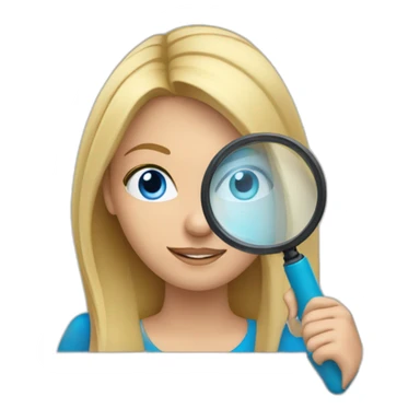 Blonde hair blue eyes woman looking at a laptop with a magnifying glass sticker