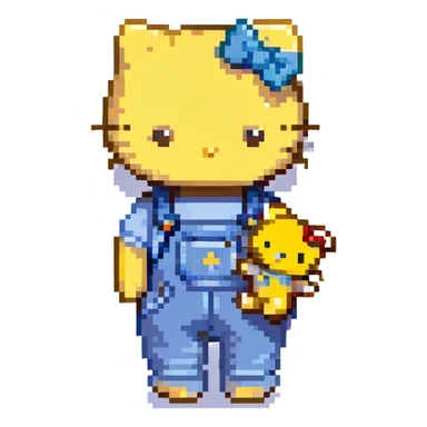 Hello Kitty, holding a small yellow teddy bear, blue overalls, minimal details sticker