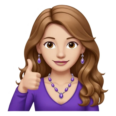 lady with long wavy русые hair, purple top, карие eyes, thumbs up, с бусами белые и серебром на шее sticker