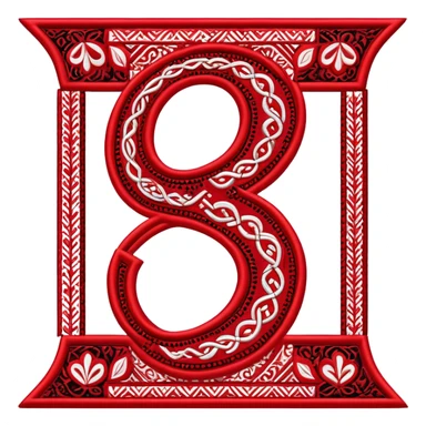 Stylized ruble sign (₽) with Udmurt traditional embroidery patterns, ethnic geometric decoration, red black and white colors sticker