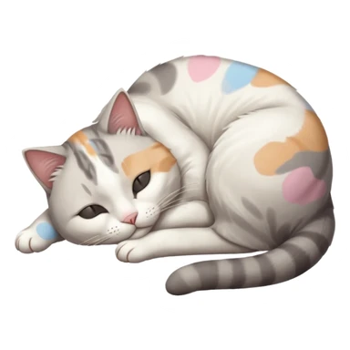grey and white small cat with its eyes closed lying down with his head leaning on his paw sticker