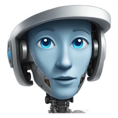 a humanoid robot with blue eyes that has oppenheimer's hat sticker