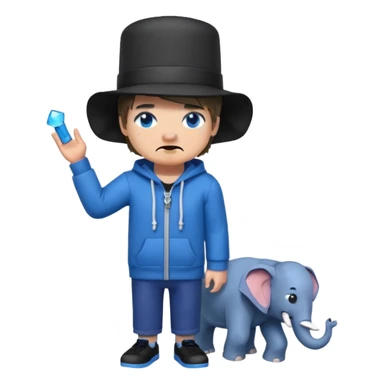 Minecraft character with a top hat And a hoodie That is blue And has a elephant And short hair And A eye patch That is white And black shoes And  Dot eyes  That are  Dark blue And a mouth Drooling And the skin mixed sticker