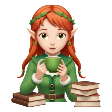 Red hair elf-like girl sipping tea with a stack of books beside her  sticker