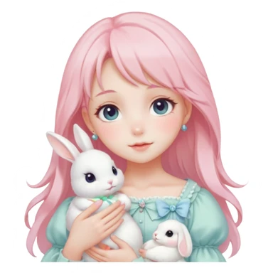 Gorgeous pastel anime style lady with blushing face and holding a bunny cottagecore fairycore pastelcore colorful pearly romantic simplistic aesthetic trending style sticker