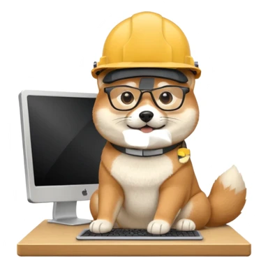 shiba inu with eye glasses and computer wearing a hard hat sticker