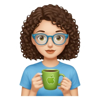 White girl with dark brown curly hair, brown eyes, sky blue glasses, apple green t shirt, drinking coffee sticker