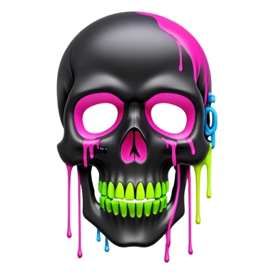 sleek black skull with vibrant neon graffiti tags and famous luxury brand logos spray painted, front view sticker