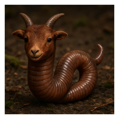 Make this goat-worm hybrid more realistic with a worm body featuring goat's horns and tail, realistic textures, and natural colors. No cartoon outlines. Render in photorealistic style. sticker