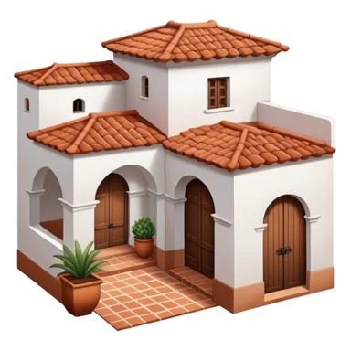 Traditional Spanish hacienda with white walls, terracotta roof, iron details, and small courtyard sticker