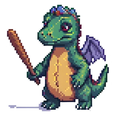 dinosaur ready to hit with a bat, pixel art style sticker