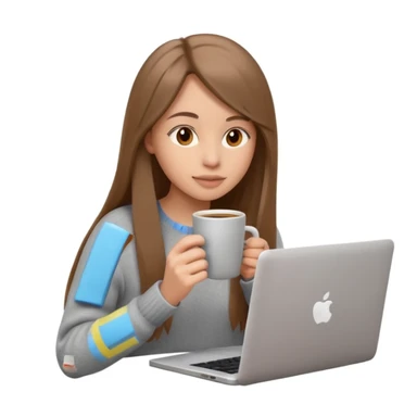 young woman 20 years old, long straight brown hair, wearing a sweater, drinking coffee and working on a laptop, 3D Apple emoji style, white background sticker