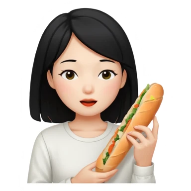 Girl black long hair eat kimchi close eyes baguette sticker
