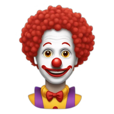 a man in a clown costume wearing clown makeup, a big round red nose and wearing a red afro wig sticker