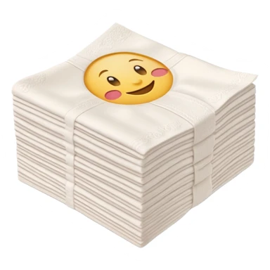 neat stack of soft white paper napkins, rectangular, smooth edges, faint embossed border, top napkin slightly lifted, soft lighting, subtle shadows, emoji scale sticker