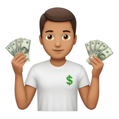 an American man with money in his hands wearing a T-shirt sticker