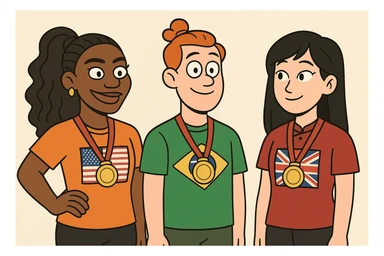 Serena Williams American shirts girl Orange bun hair a Brazil shirts boy brown Chinese shirt Chinese girl black hair United Kingdom shirt Defined Waves hair sports medal  sticker