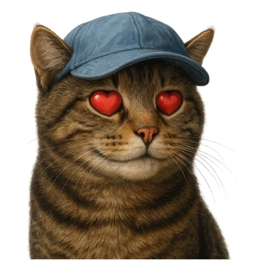 Make the cat with a love expression (heart eyes or loving smile) look a little more realistic, keep the blue cap, and set the background to transparent. The style should maintain the original look but with enhanced realism. sticker