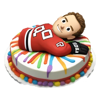 Jonathan Toews laying on a rainbow cake sticker