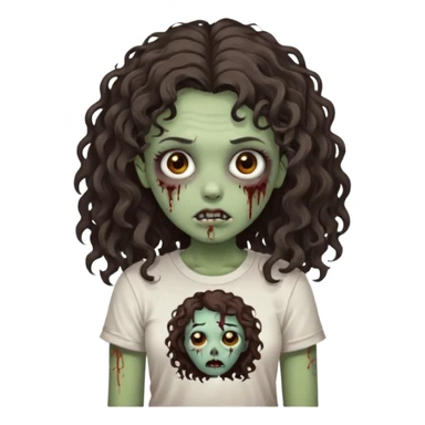 zombie girl with curly hair n brown eyes, dark and long hair 3a with wavy scalp, just a tshirt Ok but less curls and hair under te shoulder sticker