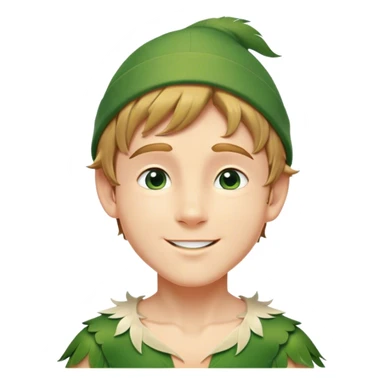 Cinematic Realistic Peter Pan Portrait, depicted with lifelike, youthful skin touched by a gentle sun-kissed glow. His bright, expressive eyes and confident smile evoke a timeless sense of wonder. Dressed in his iconic green tunic and feathered cap, every detail is rendered with soft, natural lighting that highlights his blend of innocence and courageous spirit. sticker