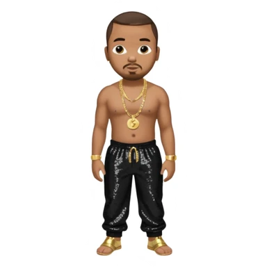 Timbaland with dark brown hair, black sequin baggy pants, shirtless with necklace sticker