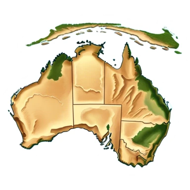 Outline and Landmass of Australia – map of Australia, featuring its distinct coastline and iconic landmass shape. The deep blue ocean surrounds the golden-brown continent, with subtle topographic details highlighting its vast deserts, lush forests, and rugged coastline. A soft glow accentuates the edges, making the shape unmistakable. sticker