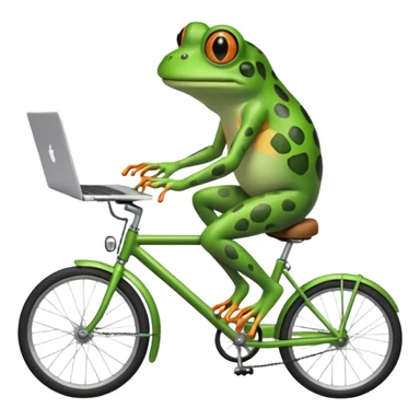 quirky frog balancing a laptop on a bike, working as it rides sticker