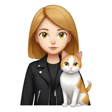 A light-skinned brown straight-haired girl wearing black jacket, along with two cats. One cat is pure white cat with yellow eyes, another is a calico cat sticker