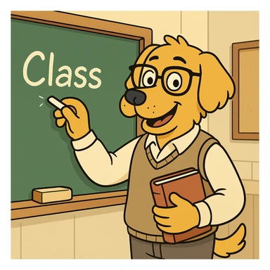 dog teacher in front of a classroom, writing on a chalkboard, wearing a vest and glasses, playful style, cartoonish and vibrant sticker