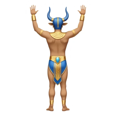 fullbody Egyptian human bull leaper, back view, in 'are you entertained' pose, without horns, with arms raised, with blue and gold accents sticker