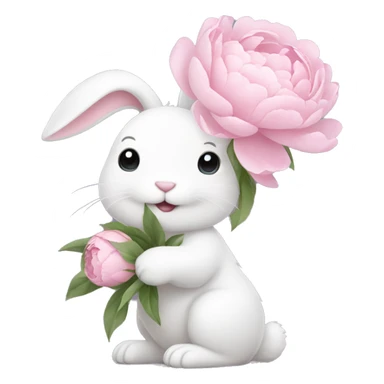 cute white bunny holding light pink peonies sticker
