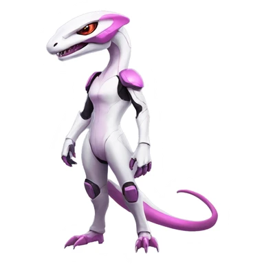 White Lizard-Reptile-Raptor-Alien-Genesect-Mewtwo-Fakémon, with pink eyes, with a futuristic visor-helmet, wearing a techwear-suit, Full Body sticker