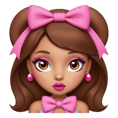 Bratz-inspired character with brown hair, pink bow, exaggerated big lips, and foxy eyes sticker