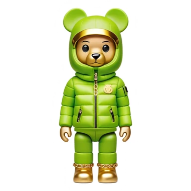 museum-quality bearbrick figure with perfect cubic proportions, lime green balaclava with seamless integrated golden visor lens, ultra-luxury designer down jacket with prominent branding and premium plush fur trim throughout, detailed gold chain accessories, fashion statement piece sticker