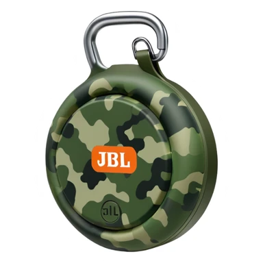 Highly simplified JBL Clip 4 speaker with proper circular form and carabiner clip, subtle green camouflage pattern, iOS emoji style sticker