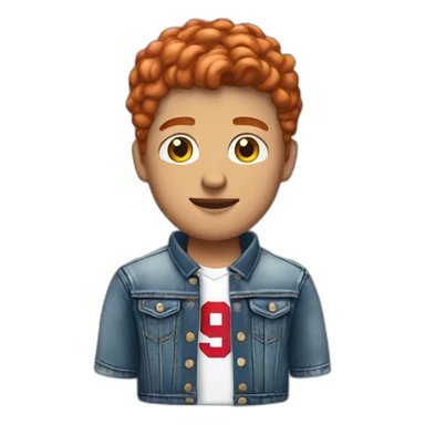 a young man in a jeans jacket and bills jersey with short red hair sticker