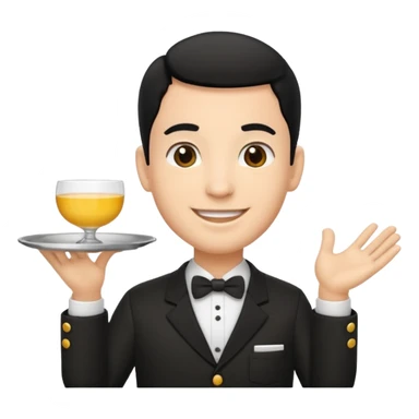 emoji man light skin and black hair, con uniforme de camarero de pie sticker