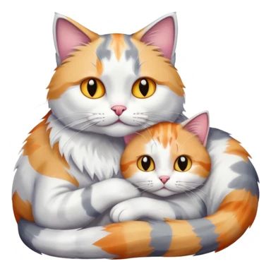 big grey and white cat cuddling a colourful light patched calico + white tabby cat sticker