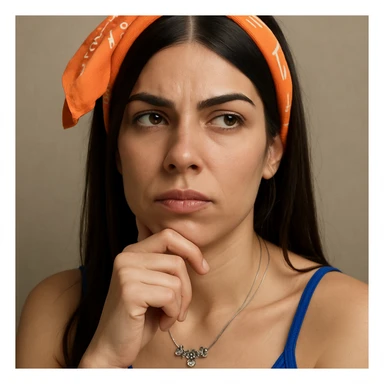 Donna pensierosa con mano sotto al mento, ispirata al riferimento, espressione riflessiva, dettagli iperrealistici 4K, sfondo neutro, in a hyperrealistic style. sticker