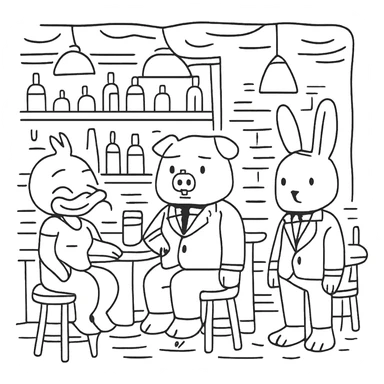 A cute bar scene for coloring featuring three characters: a duck, a pig, and a rabbit. The background is detailed with a counter, shelves with bottles, tables, chairs, lamps, and decorative details. The style is simple line art with no fill, ideal for children to color. sticker