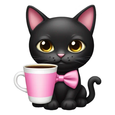 female cute black cat with big eyes and pink bow tie, drinking coffee sticker