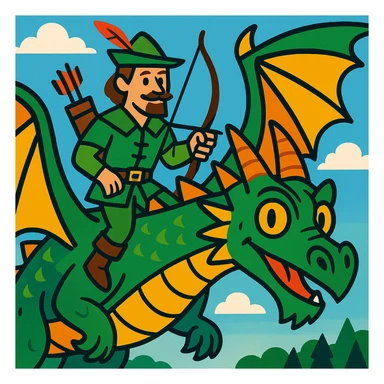 Robin Hood riding a dragon, vibrant and adventurous sticker