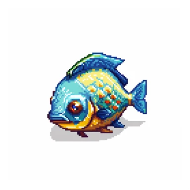 Minecraft inventory fish, eye pointing down-left at 45-degree angle, square texture, isolated fish with transparent background, pixel art game texture sticker