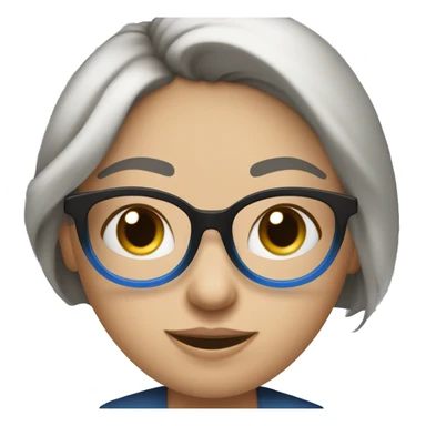 mujer de piel blanca con lentes,ojitos chinos,de color negro,pelo oscuro y recogido con una coleta,con blusa azul, sticker