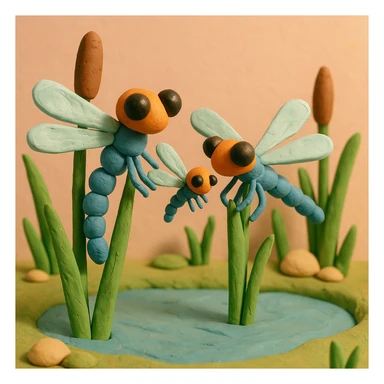 claymation style dragonfly family resting on reeds by a pond, parents and baby dragonflies, pastel background sticker